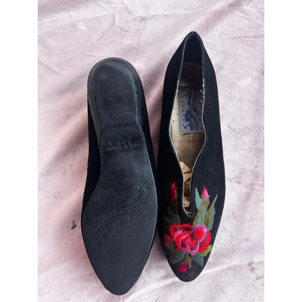 Perry Ellis America Loafers Womens Black Suede Good Floral Embroidered Slippers - Picture 5 of 6